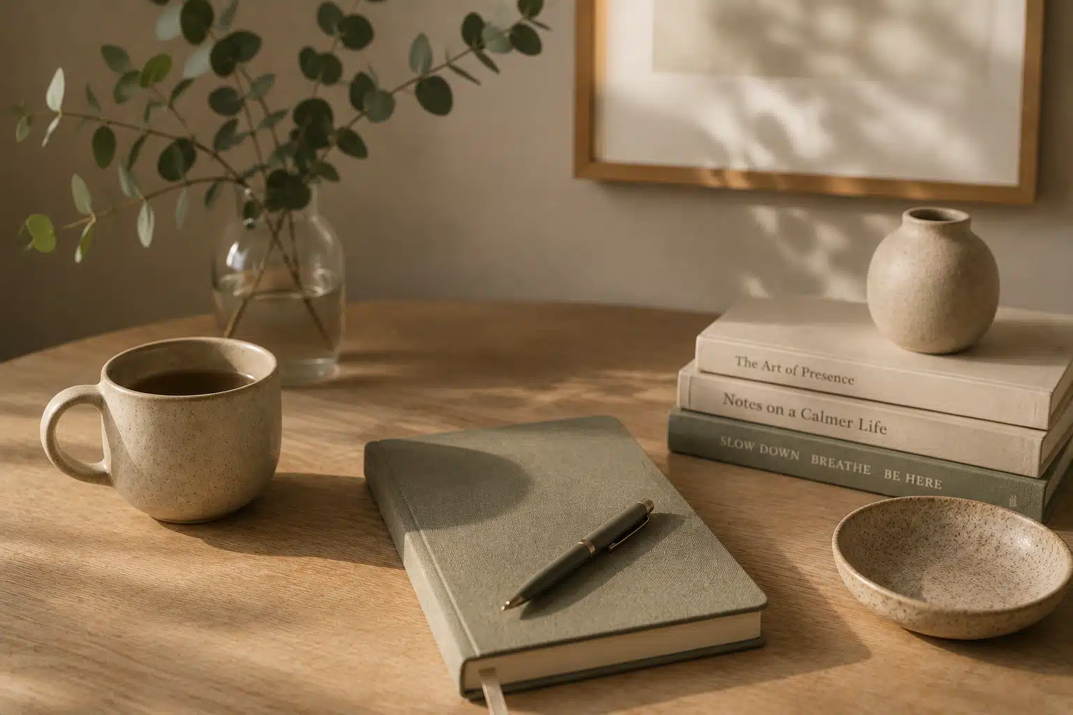 A calming still life with tea, a notebook, books and natural light